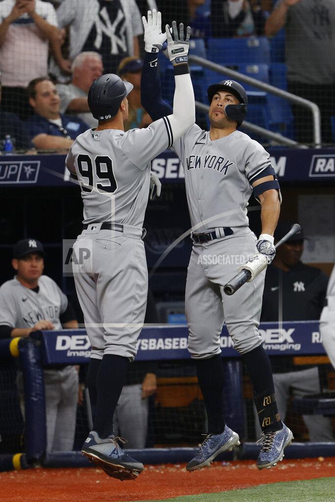 Scott Audette New York Yankees' Aaron Judge, left, celebrates with Giancarlo Stanton after hitting a home run against the Tampa Bay Rays during the seventh inning of a baseball game Wednesday, June 22, 2022, in St. Petersburg, Fla. (AP Photo/Scott Audette)