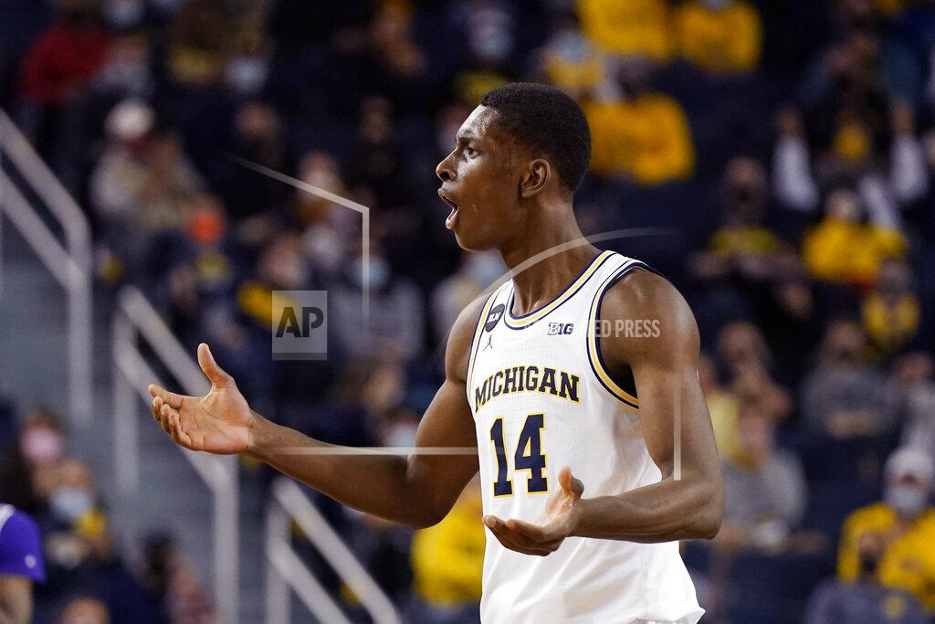 Carlos Osorio Michigan forward Moussa Diabate reacts after a foul during the first half of an NCAA college basketball game against Tarleton State, Wednesday, Nov. 24, 2021, in Ann Arbor, Mich. (AP Photo/Carlos Osorio)