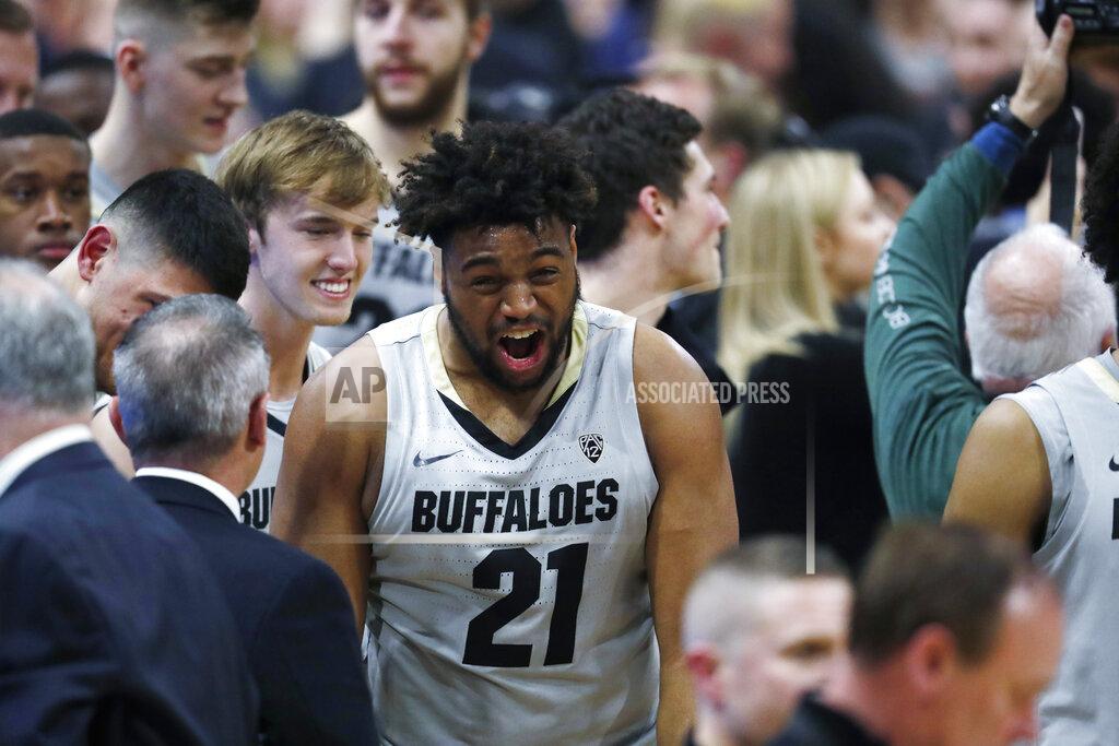 David Zalubowski Colorado Buffaloes forward Evan Battey celebrates after the second half of an NCAA college basketball game against USC Saturday, March 9, 2019, in Boulder, Colo. Colorado won 78-67. (AP Photo/David Zalubowski)