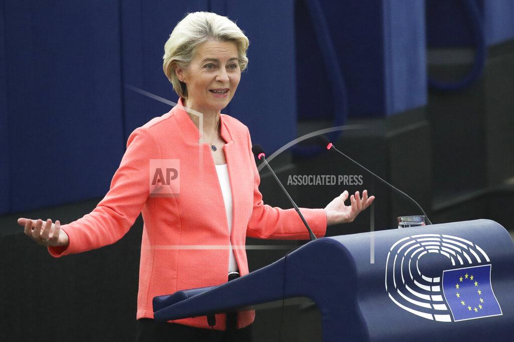 Yves Herman European Commission President Ursula von der Leyen delivers a State of the Union Address at the European Parliament in Strasbourg, France, Wednesday, Sept. 15, 2021. The European Union announced Wednesday it is committing 200 million more coronavirus vaccine doses to Africa to help curb the COVID-19 pandemic on a global scale. (Yves Herman, Pool via AP)