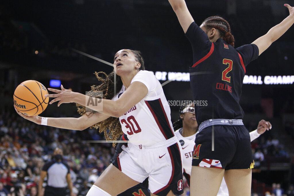 Young Kwak Stanford guard Haley Jones (30), puts up a shot against Maryland forward Mimi Collins (2) during the first half of a college basketball game in the Sweet 16 round of the NCAA tournament, Friday, March 25, 2022, in Spokane, Wash. (AP Photo/Young Kwak)