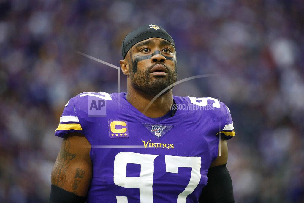 Bruce Kluckhohn FILE - In this Sept. 22, 2019 file photo, Minnesota Vikings defensive end Everson Griffen stands on the field before an NFL football game against the Oakland Raiders in Minneapolis. After a rough 2018 season when he went on hiatus for mental health treatment, Griffen has been playing as strong as ever in his 10th year in the league. (AP Photo/Bruce Kluckhohn, File)