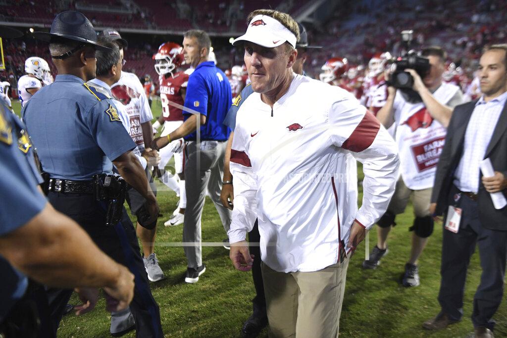 Michael Woods Arkansas coach Chad Morris leaves the field following the team's 31-24 loss to San Jose State during an NCAA college football game Saturday, Sept. 21, 2019 in Fayetteville, Ark. (AP Photo/Michael Woods)