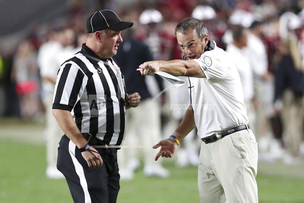 Artie Walker Jr. South Carolina coach Shane Beamer questions a penalty call during the second half of the team's NCAA college football game against Charlotte on Saturday, Sept. 24, 2022, in Columbia, S.C. (AP Photo/Artie Walker Jr.)