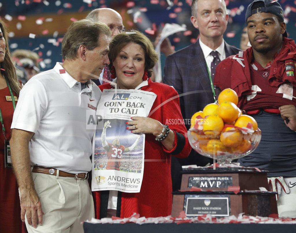 Lynne Sladky Alabama head coach Nick Saban stands with his wife Terry during the trophy presentation at the Orange Bowl NCAA college football game, Sunday, Dec. 30, 2018, in Miami Gardens, Fla. Alabama defeated Oklahoma 45-34. (AP Photo/Lynne Sladky)