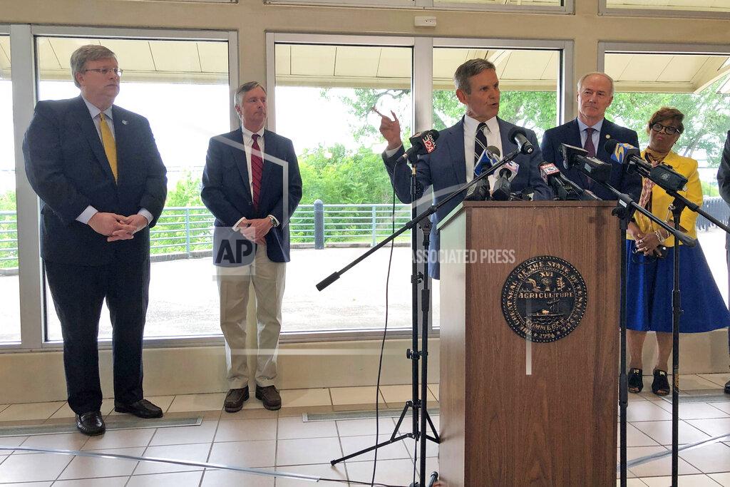 Adrian Sainz Tennessee Gov. Bill Lee speaks with reporters about the closure of the Interstate 40 bridge connecting his state with Arkansas, Tuesday, May 18, 2021, in Memphis, Tenn. Lee also was joined at the news conference by, from left, Memphis Mayor Jim Strickland, Tennessee Department of Transportation Commissioner Clay Bright, Arkansas Gov. Asa Hutchinson and Beverly Robertson, president and CEO of Memphis' chamber of commerce. (AP Photo/Adrian Sainz)