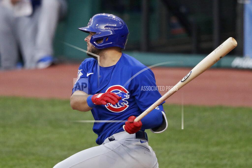 Tony Dejak Chicago Cubs' David Bote watches a two-run single in the fifth inning of the team's baseball game against the Cleveland Indians, Wednesday, Aug. 12, 2020, in Cleveland. (AP Photo/Tony Dejak)