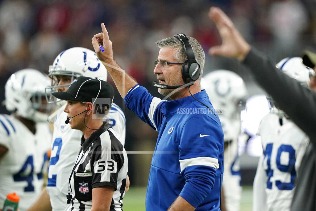 David J. Phillip Indianapolis Colts head coach Frank Reich signals during the first half of an NFL football game against the Houston Texans Thursday, Nov. 21, 2019, in Houston. (AP Photo/David J. Phillip)