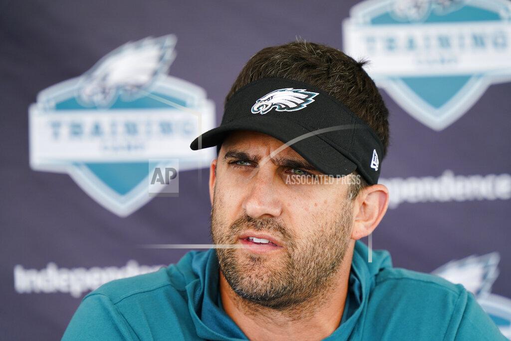 Matt Rourke Philadelphia Eagles head coach Nick Sirianni speaks with members of the media during a joint practice with the New England Patriots at the Eagles NFL football training camp Tuesday, Aug. 17, 2021, in Philadelphia. (AP Photo/Matt Rourke)