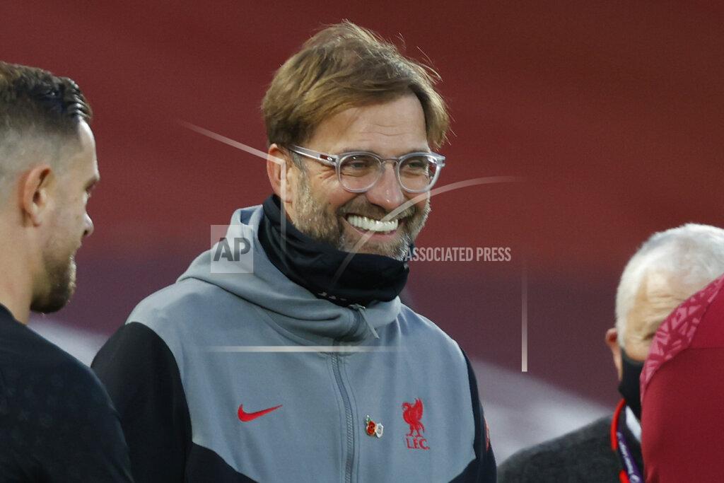 Clive Brunskill Liverpool's manager Jurgen Klopp smiles ahead of the English Premier League soccer match between Liverpool and West Ham United at Anfield stadium in Liverpool, England, Saturday, Oct. 31, 2020. (Clive Brunskill/Pool via AP)