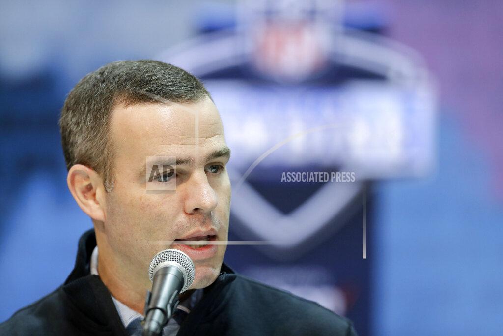 FILE - In this Feb. 28, 2019, file photo, Buffalo Bills general manager Brandon Beane speaks during a press conference at the NFL football scouting combine in Indianapolis. Beane made a bold move in the offseason by giving up four draft picks _ including the 22nd overall _ to acquire Stefon Diggs in a trade with the Minnesota Vikings. The Bills are left with seven picks over the final six rounds, starting with No. 54. (AP Photo/Darron Cummings, File)