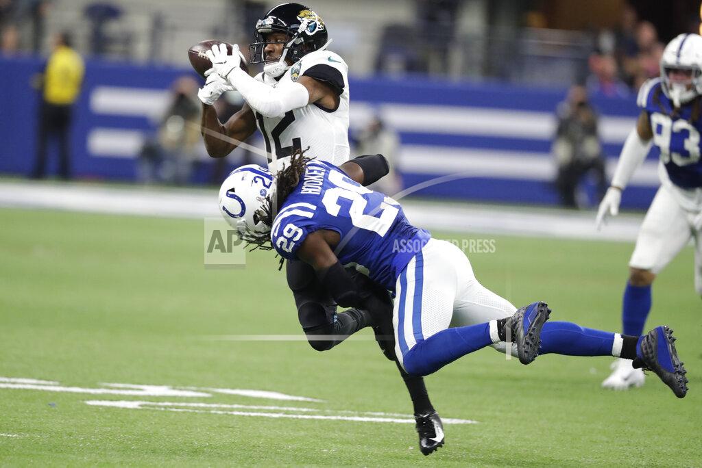 Michael Conroy Jacksonville Jaguars' Dede Westbrook (12) cannot hang onto a catch as he his hit by Indianapolis Colts' Malik Hooker (29) during the second half of an NFL football game, Sunday, Nov. 17, 2019, in Indianapolis. (AP Photo/Michael Conroy)