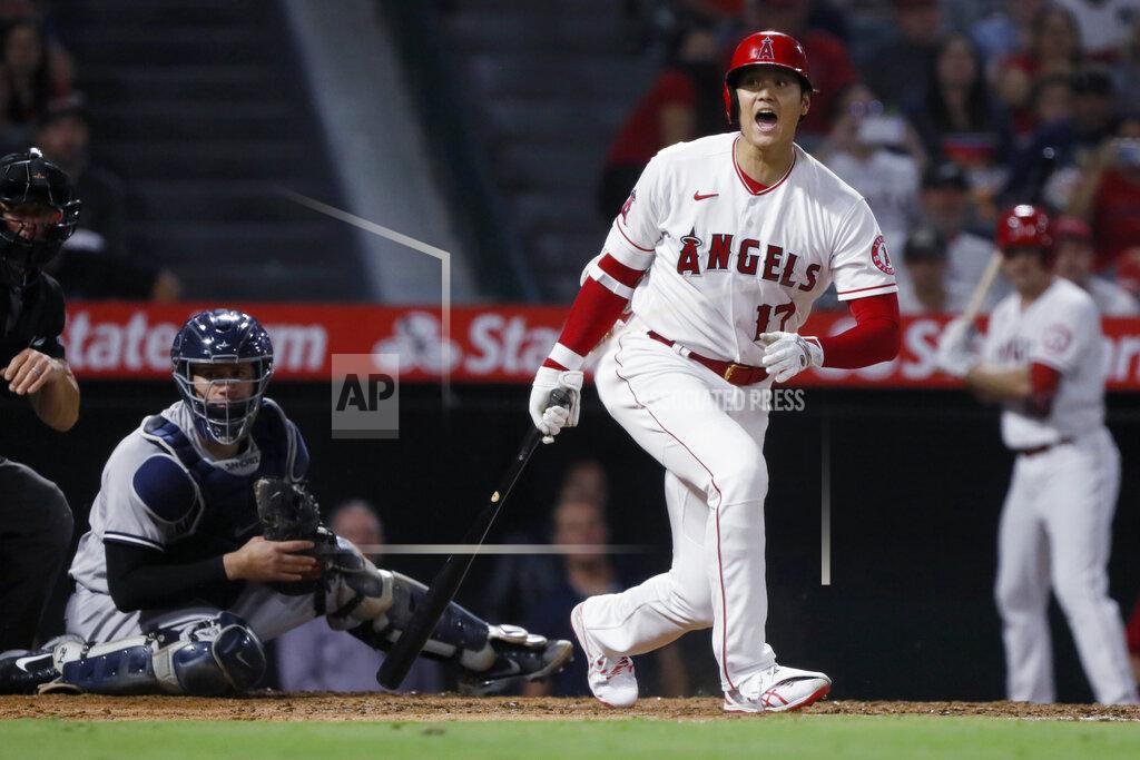 Alex Gallardo Los Angeles Angels designated hitter Shohei Ohtani, right, yells after hitting a foul ball into the New York Yankees' dugout, as Yankees catcher Gary Sanchez watche during the fourth inning of a baseball game in Anaheim, Calif., Tuesday, Aug. 31, 2021. (AP Photo/Alex Gallardo)