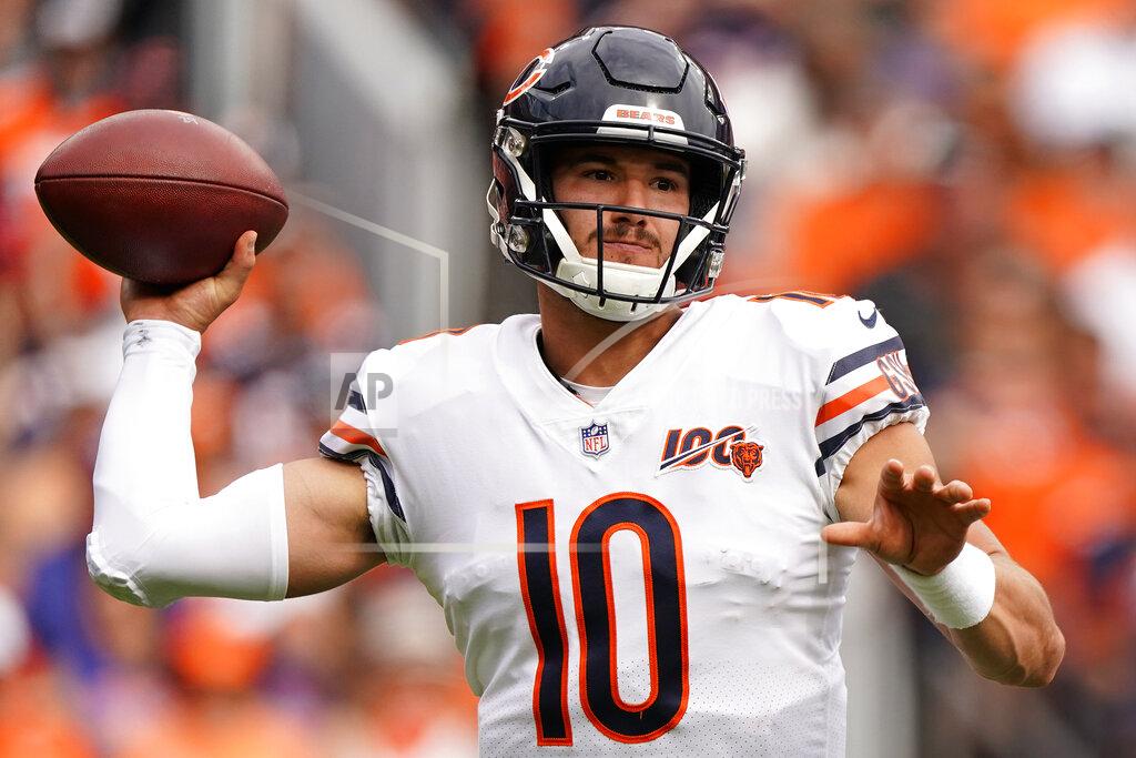 Jack Dempsey Chicago Bears quarterback Mitchell Trubisky (10) throws against the Denver Broncos during the first half of an NFL football game, Sunday, Sept. 15, 2019, in Denver. (AP Photo/Jack Dempsey)