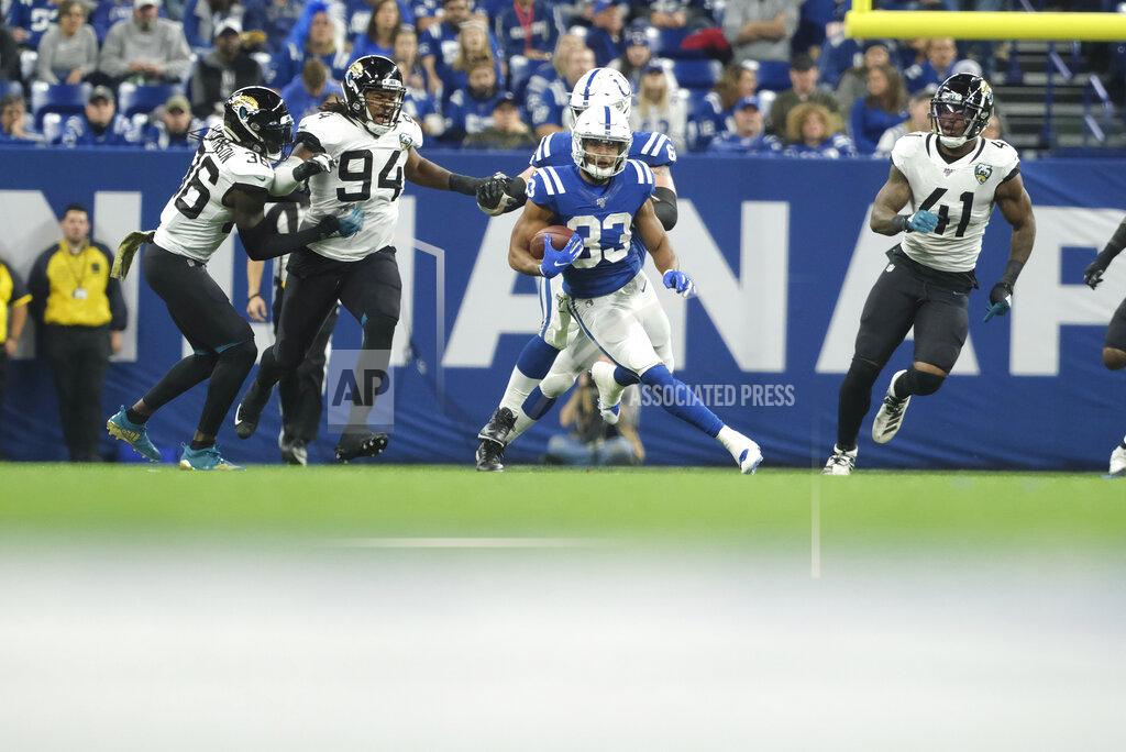 Aj Mast Indianapolis Colts' Jonathan Williams (33) runs during the second half of an NFL football game against the Jacksonville Jaguars, Sunday, Nov. 17, 2019, in Indianapolis. (AP Photo/AJ Mast)