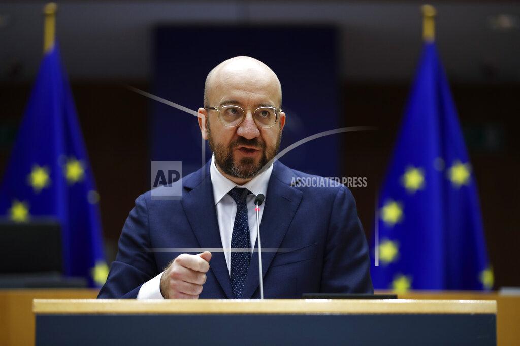 Francisco Seco European Council President Charles Michel addresses European lawmakers during a plenary session on the inauguration of the new President of the United States and the current political situation, at the European Parliament in Brussels, Wednesday, Jan. 20, 2021. (AP Photo/Francisco Seco, Pool)