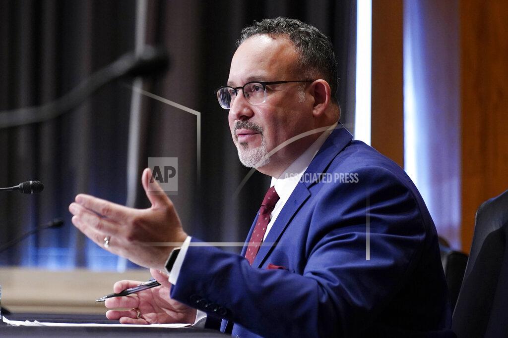 Susan Walsh Education Secretary nominee Miguel Cardona testifies before the Senate Health, Education, Labor and Pensions committee during his confirmation hearing on Capitol Hill in Washington, Wednesday, Feb. 3, 2021. (AP Photo/Susan Walsh, Pool)