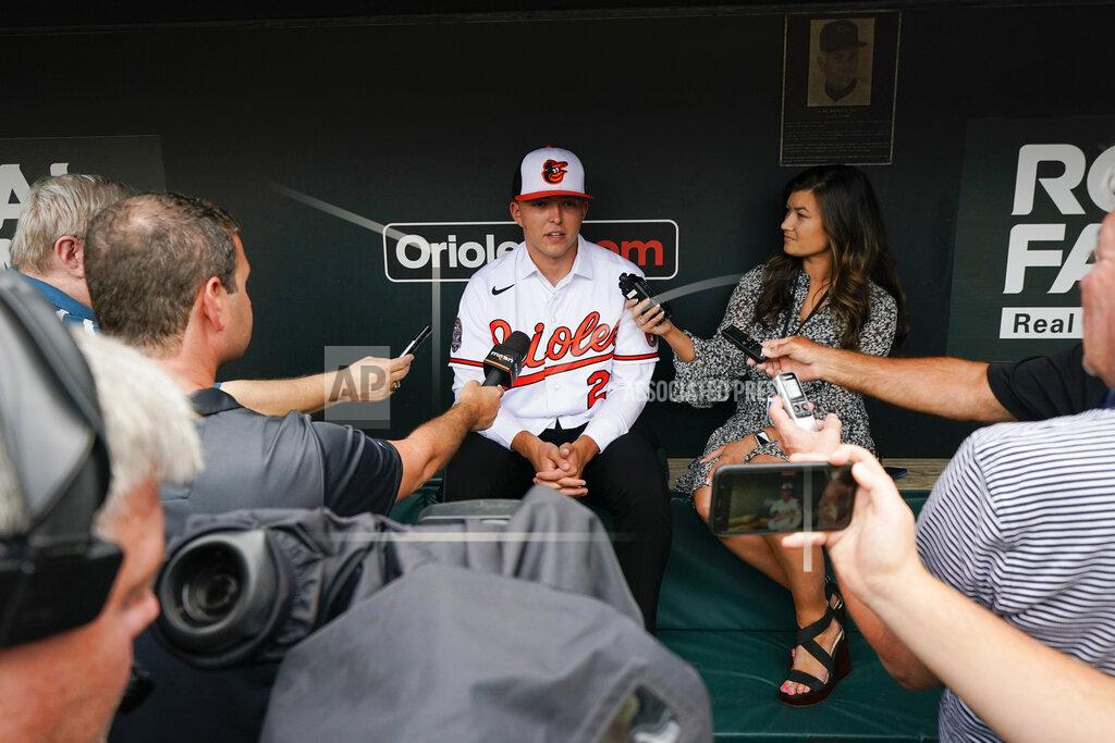 Julio Cortez Max Wagner, the Baltimore Orioles second round pick, 42nd overall, in the 2022 draft, speaks to reporters prior to a baseball game between the Orioles and the Tampa Bay Rays, Tuesday, July 26, 2022, in Baltimore. (AP Photo/Julio Cortez)