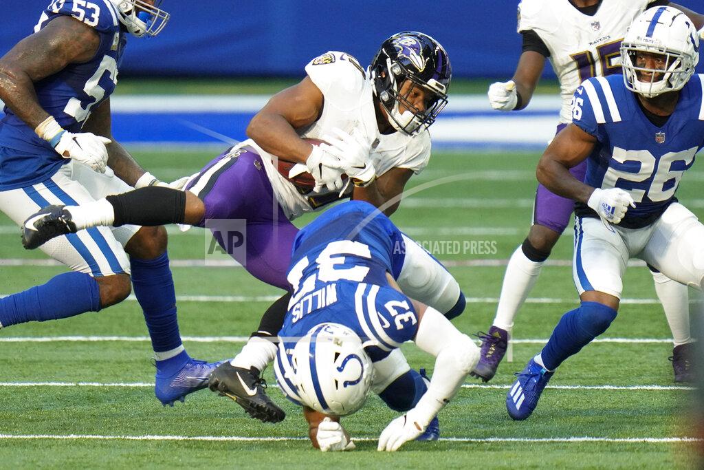 Aj Mast Baltimore Ravens running back J.K. Dobbins (27) is tackled by Indianapolis Colts strong safety Khari Willis (37) in the second half of an NFL football game in Indianapolis, Sunday, Nov. 8, 2020. (AP Photo/AJ Mast)