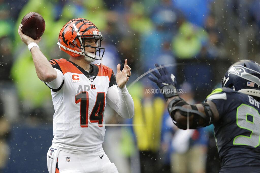Stephen Brashear Cincinnati Bengals quarterback Andy Dalton (14) passes against the Seattle Seahawks during the second half of an NFL football game Sunday, Sept. 8, 2019, in Seattle. (AP Photo/Stephen Brashear)