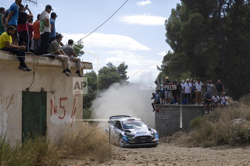 Petros Giannakouris Gus Greensmith from Britain and his co driver Chris Patterson with their Ford Fiesta WRC car compete in the WRC Acropolis Rally at the stage of Aghii Theodori, west of Athens, on Friday, Sept. 10, 2021. The World Rally Championship returned to Greece after an eight-year absence. (AP Photo/Petros Giannakouris)