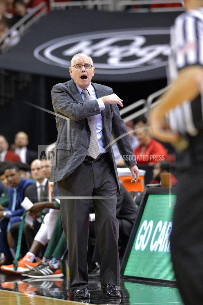 Timothy D. Easley Miami head coach Jim Larranaga argues with a game official during the second half of an NCAA college basketball game against Louisville in Louisville, Ky., Sunday, Jan. 6, 2019. Louisville won 90-73. (AP Photo/Timothy D. Easley)
