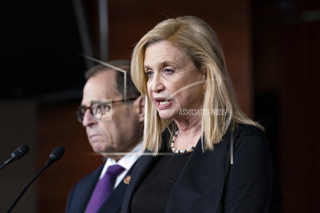 FILE - In this Oct. 31, 2019, file photo, Rep. Carolyn Maloney, acting chair of the House Committee on Oversight and Reform, joined at left by Rep. Jerrold Nadler, chairman of the House Judiciary Committee, meet with reporters to discuss the next steps of the impeachment investigation of President Donald Trump, at the Capitol in Washington. House Democrats are set to choose who will lead the powerful Oversight and Reform Committee _ a key role in the ongoing impeachment inquiry of President Donald Trump. Three veteran lawmakers, including Maloney of New York, the acting chairwoman, are seeking to replace the late Rep. Elijah Cummings of Maryland, who died last month. (AP Photo/J. Scott Applewhite, File)