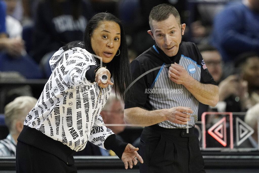 Gerry Broome South Carolina head coach Dawn Staley speaks with an official during the first half of a college basketball game against Creighton in the Elite 8 round of the NCAA tournament in Greensboro, N.C., Sunday, March 27, 2022. (AP Photo/Gerry Broome)