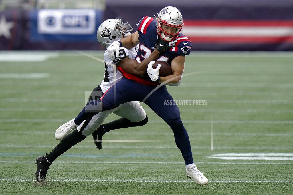Steven Senne Las Vegas Raiders safety Lamarcus Joyner, left, tackles New England Patriots running back Rex Burkhead in the first half of an NFL football game, Sunday, Sept. 27, 2020, in Foxborough, Mass. (AP Photo/Steven Senne)