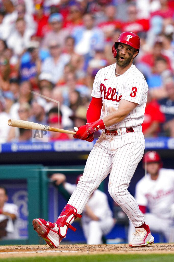 Chris Szagola Philadelphia Phillies' Bryce Harper reacts to striking out to end the third inning of the team's baseball game against the Atlanta Braves, Saturday, July 24, 2021, in Philadelphia. (AP Photo/Chris Szagola)