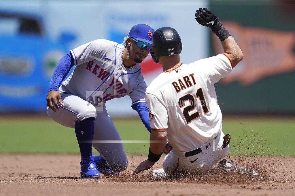 Jeff Chiu New York Mets shortstop Francisco Lindor, left, tags out San Francisco Giants' Joey Bart trying to steal second base during the first inning of a baseball game in San Francisco, Wednesday, May 25, 2022. (AP Photo/Jeff Chiu)