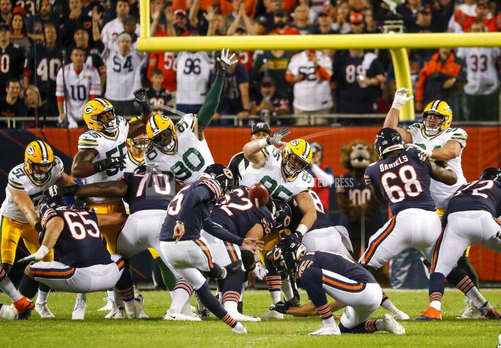 Charles Rex Arbogast Chicago Bears' Eddy Pineiro kicks 1 field goal during the first half of an NFL football game against the Green Bay Packers Thursday, Sept. 5, 2019, in Chicago. (AP Photo/Charles Rex Arbogast)
