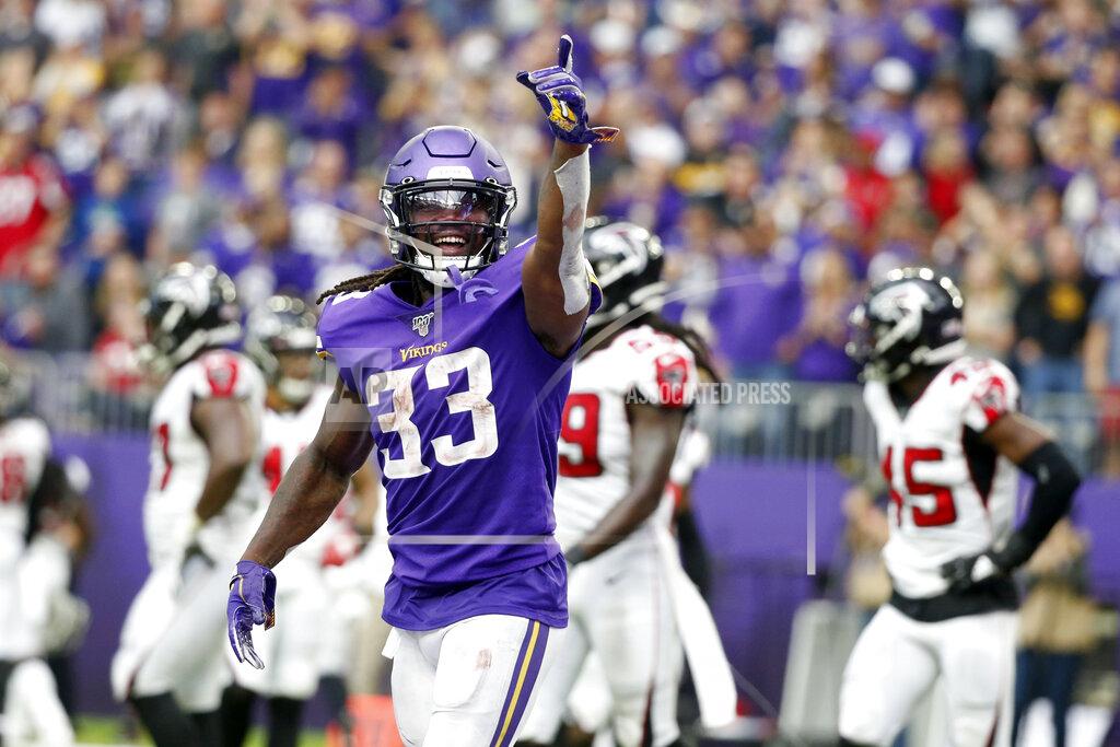 Bruce Kluckhohn Minnesota Vikings running back Dalvin Cook (33) celebrates after scoring on a 7-yard touchdown run during the second half of an NFL football game against the Atlanta Falcons, Sunday, Sept. 8, 2019, in Minneapolis. (AP Photo/Bruce Kluckhohn)