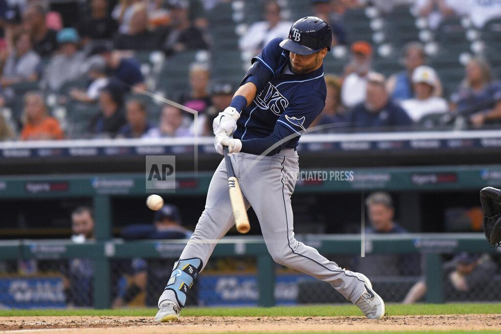 Jose Juarez Tampa Bay Rays' Kevin Kiermaier hits a double against the Detroit Tigers during the fourth inning of a baseball game Saturday, Sept. 11, 2021, in Detroit. (AP Photo/Jose Juarez)