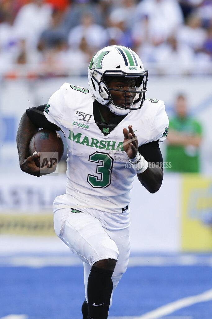 Otto Kitsinger Marshall running back Tyler King (3) runs the ball during the first half of an NCAA college football game against Boise State in Boise, Idaho, Friday, Sept. 6, 2019. (AP Photo/Otto Kitsinger)