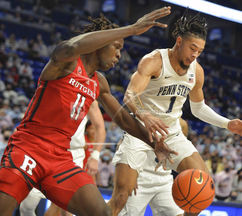 Gary M. Baranec Rutgers Clifford Omoruyi (11) and Penn State's Seth Lundy (1) reach for a loose ball in the first half of an NCAA college basketball game Tuesday, Jan 11, 2022, in State College, Pa. (AP Photo/Gary M. Baranec)