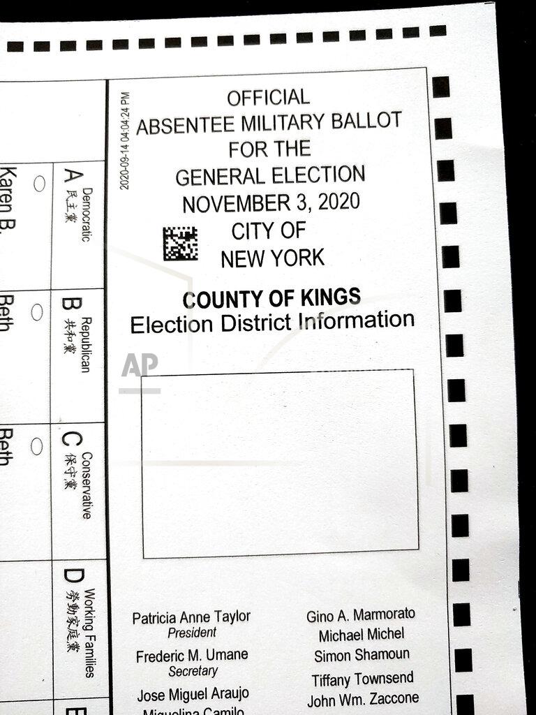 Uncredited FILE - This Tuesday, Sept. 29, 2020, file photo, shows a section of an absentee ballot marked "Absentee Military Ballot," that was mailed to a registered voter in in the Brooklyn borough of New York. Several high-profile cases of voters getting incorrect blank absentee ballots in the mail are raising questions about how often such mix-ups occur and whether they could impact this U.S. presidential election with its record levels of mail-in balloting. (AP Photo/File)