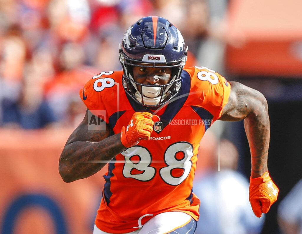 FILE - In this Sept. 16, 2018, file photo, Denver Broncos wide receiver Demaryius Thomas runs against the Oakland Raiders during the second half of an NFL football game in Denver. Five-time Pro Bowl receiver Thomas announced his retirement from the NFL on Monday, June 28, 2021, following a decade-long career. (AP Photo/Jack Dempsey, File)
