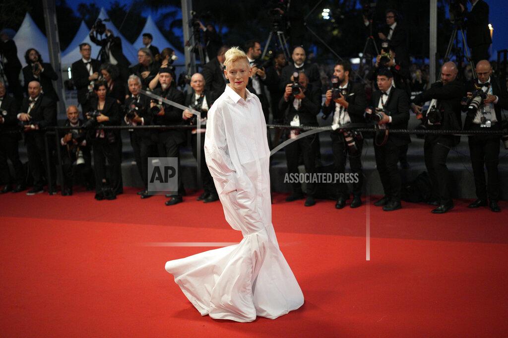 Daniel Cole Tilda Swinton poses for photographers upon arrival at the premiere of the film 'R.M.N.' at the 75th international film festival, Cannes, southern France, Saturday, May 21, 2022. (AP Photo/Daniel Cole)