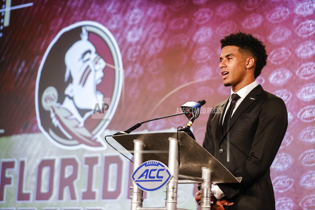 Nell Redmond Florida State quarterback Jordan Travis answers a question at the NCAA college football Atlantic Coast Conference Media Days in Charlotte, N.C., Wednesday, July 20, 2022. (AP Photo/Nell Redmond)