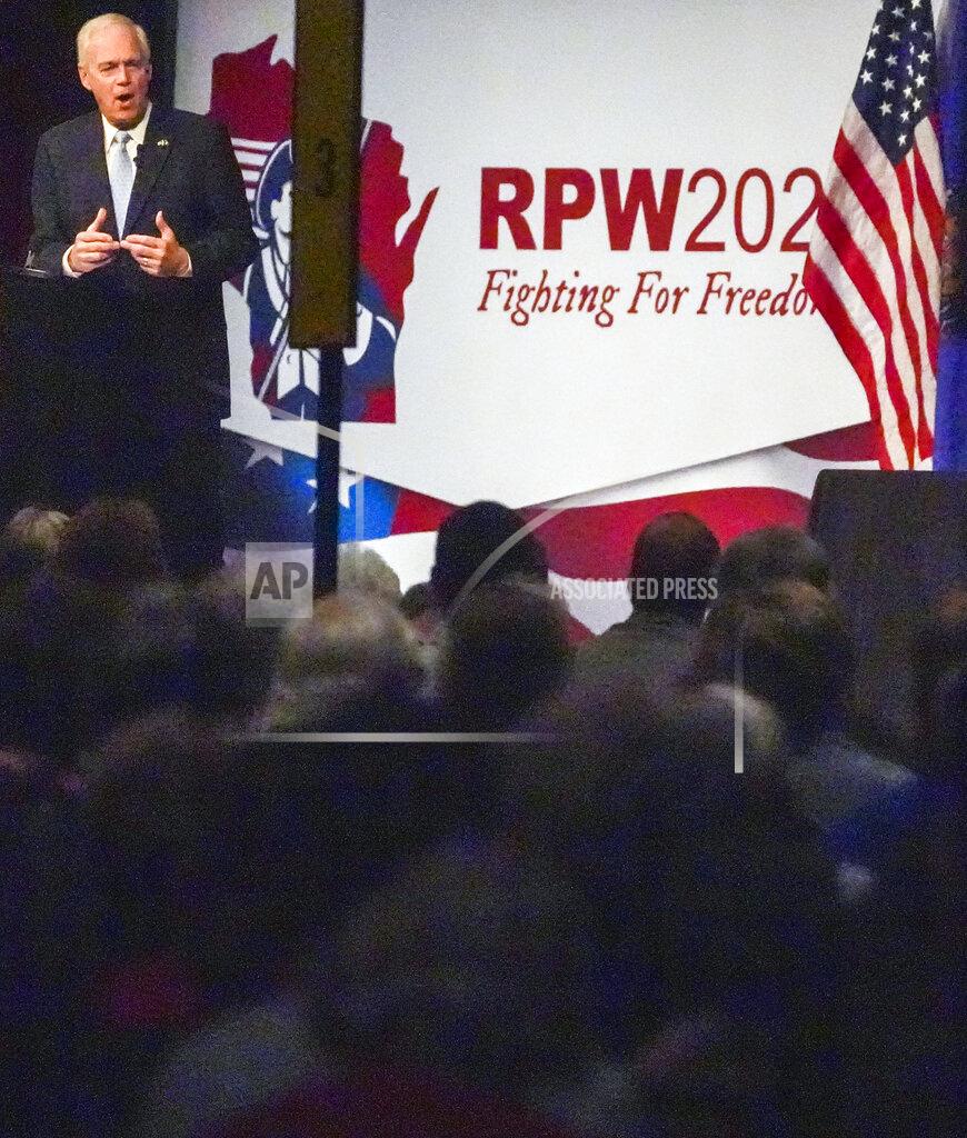 Ebony Cox U.S. Sen. Ron Johnson addresses supporters at the Wisconsin Republican Convention, Saturday, May 21, 2022, in Milwaukee, Wis. (Ebony Cox/Milwaukee Journal-Sentinel via AP)