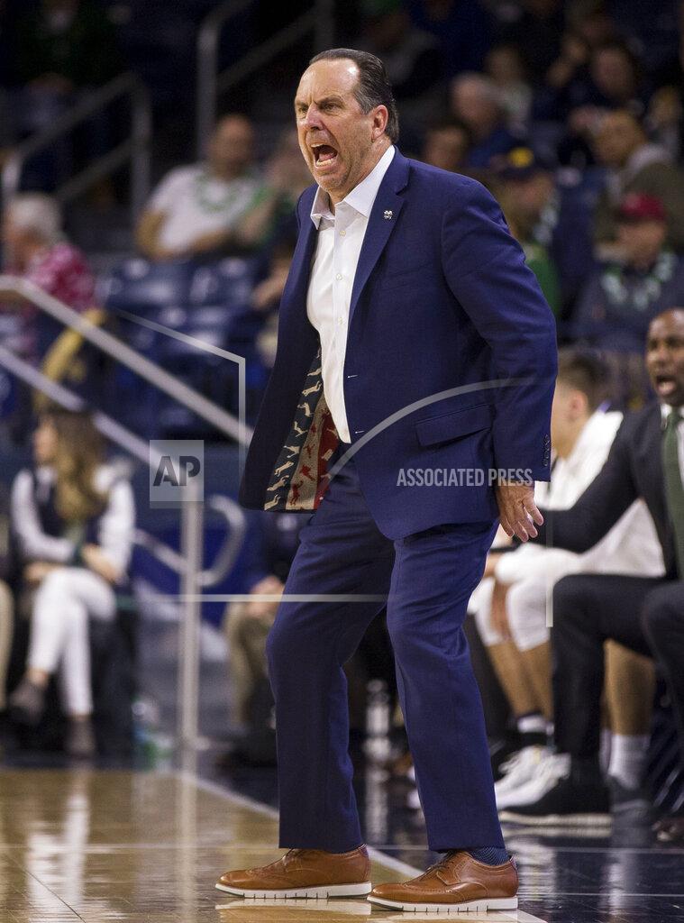 Robert Franklin Notre Dame head coach Mike Brey yells to his team during the second half of an NCAA college basketball game against North Carolina State, Saturday, Jan. 19, 2019, in South Bend, Ind. North Carolina State won 77-73. (AP Photo/Robert Franklin)