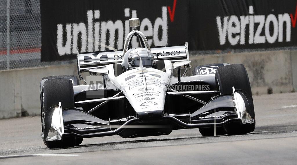 Carlos Osorio Simon Pagenaud, of France, drives through the second turn during a practice session for the first race of the IndyCar Detroit Grand Prix auto racing doubleheader, Friday, May 31, 2019, in Detroit. (AP Photo/Carlos Osorio)