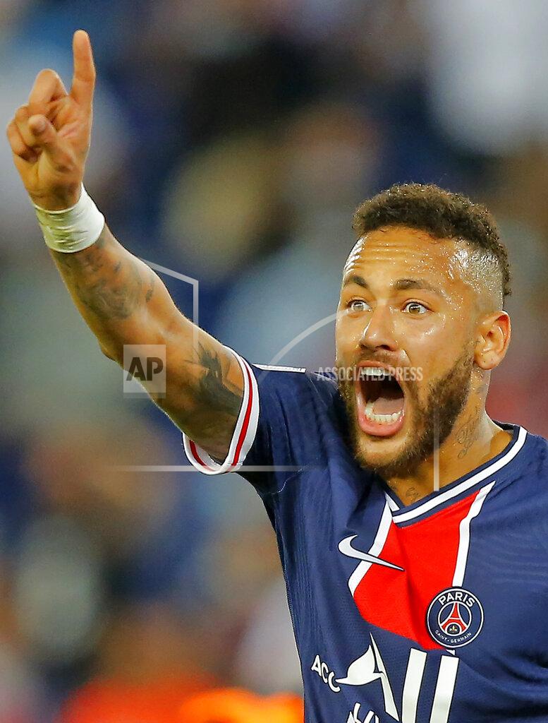 Michel Euler PSG's Neymar reacts during the French League One soccer match between Paris Saint-Germain and Marseille at the Parc des Princes in Paris, France, Sunday, Sept.13, 2020. (AP Photo/Michel Euler)
