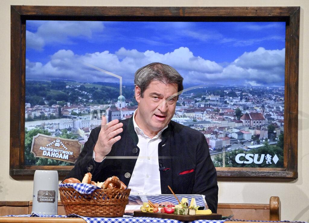 Peter Kneffel Bavarian Prime Minister Markus Soeder (CSU) speaks at the party's Political Ash Wednesday in Passau. Germany, Wednesday, Feb.17, 2021 Wednesday, Feb.17, 2021. Markus Soeder is many things: state governor of Bavaria, Star Trek fan, a conservative for whom combating climate change is an article of faith. The question Germans are asking now is: can the 54-year-old win enough backing across the political spectrum to succeed Angela Merkel as chancellor in September. (Peter Kneffel/Pool via AP)