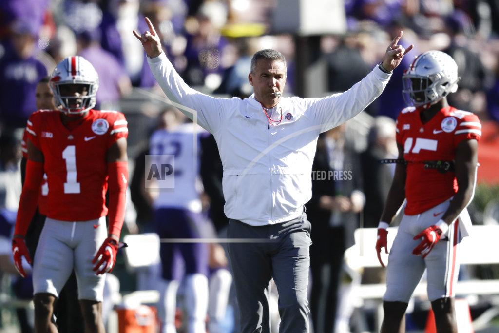 Marcio Jose Sanchez Ohio State head coach Urban Meyer gestures during warm ups before the Rose Bowl NCAA college football game against Washington, Tuesday, Jan. 1, 2019, in Pasadena, Calif.(AP Photo/Marcio Jose Sanchez)