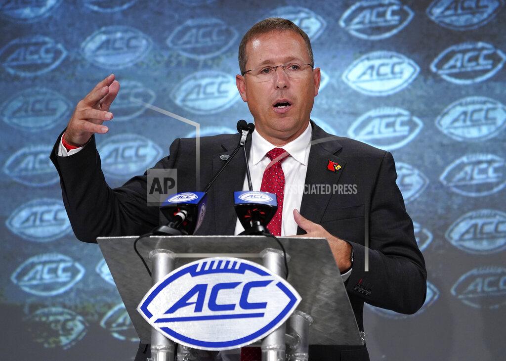 Chuck Burton Louisville head coach Scott Satterfield speaks during the Atlantic Coast Conference NCAA college football media day in Charlotte, N.C., Wednesday, July 17, 2019. (AP Photo/Chuck Burton)