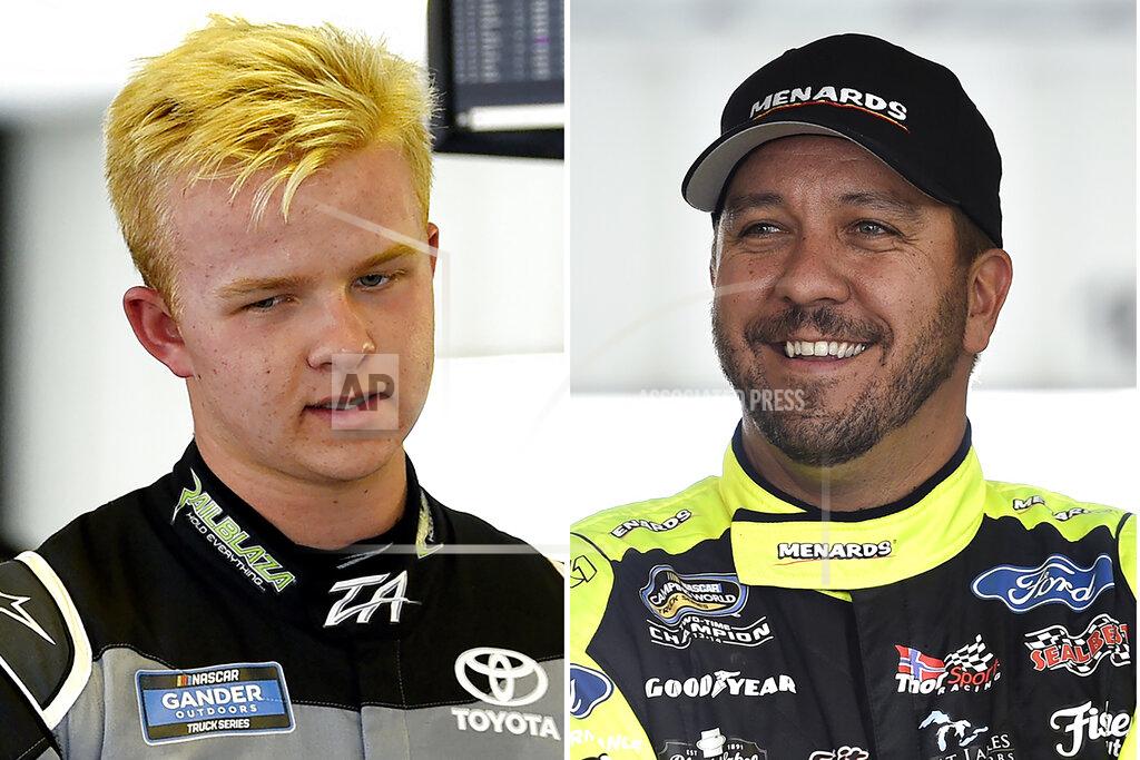 Derek Hamilton FILE - At left, in a July 26, 2019, file photo, Tyler Ankrum looks over his car after a practice session for a NASCAR Truck Series auto race in Long Pond, Pa. At right, in a July 27, 2018, file photo, Matt Crafton smiles in the garage area during practice for a NASCAR Truck Series auto race in Long Pond, Pa. Brett Moffitt, Ross Chastain, Austin Hill, Johnny Sauter, Stewart Friesen, Tyler Ankrun, Grant Enfinger and Matt Crafton are competing in the NASCAR Truck Series playoffs. (AP Photo/Derik Hamilton, File)