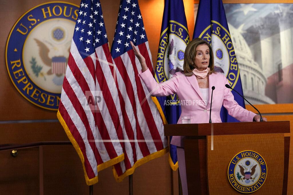 House Speaker Nancy Pelosi of Calif., speaks during a news conference on Capitol Hill in Washington, Saturday, Aug. 22, 2020. The House is set for a rare Saturday session to pass legislation to halt changes in the Postal Service and provide $25 billion in emergency funds. (AP Photo/Susan Walsh)