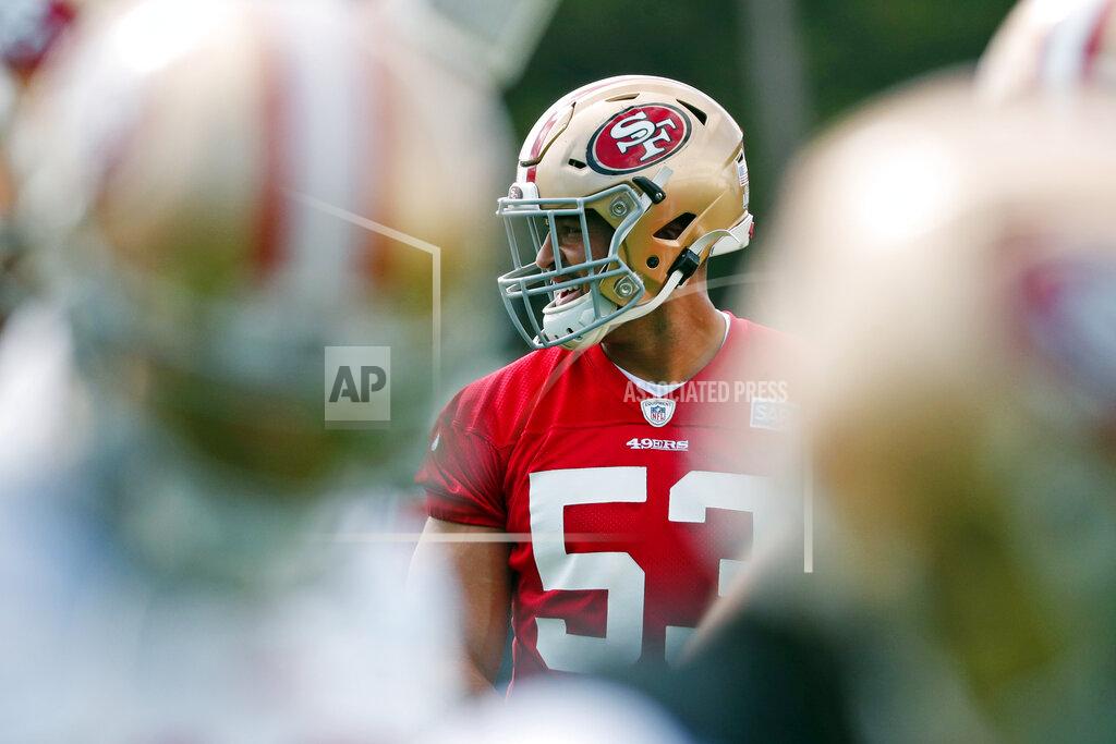 Wilfredo Lee San Francisco 49ers outside linebacker Mark Nzeocha, of Germany, warms up during practice, Wednesday, Jan. 29, 2020, in Coral Gables, Fla., for the NFL Super Bowl 54 football game. (AP Photo/Wilfredo Lee)
